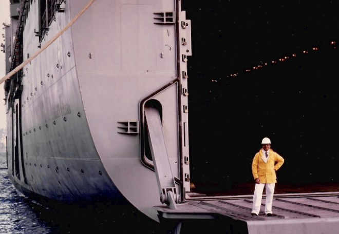 S. K. Gupta in a hard hat aboard a merchant ship