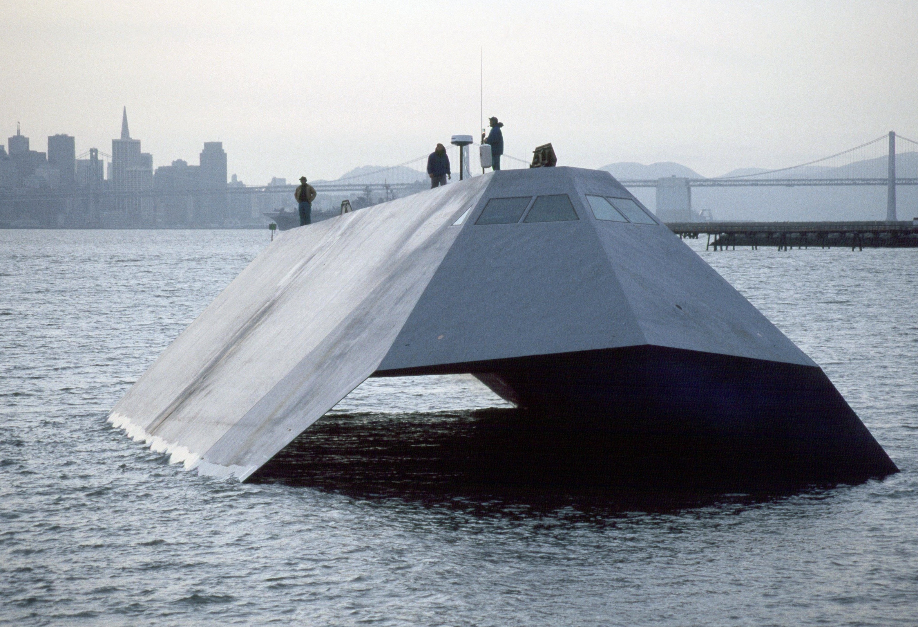 The U.S. Navy's Sea Shadow stealth craft on the water